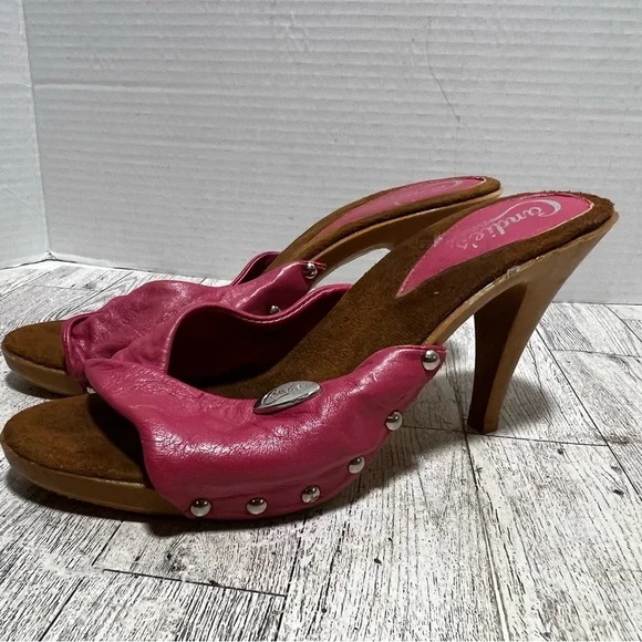 Candies 1970’s Style Sandals High Heel Slides Sexy pink Twist Sz
